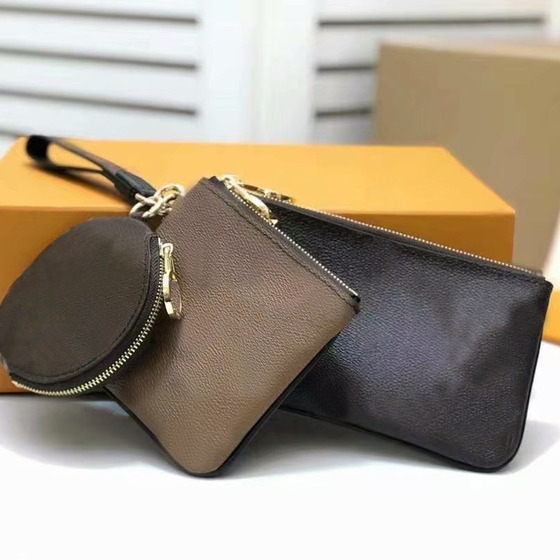 

3pcs Fashion Key Pouch Coin Purse Designers Bags Keychain Leather Short Wallets Letter Card Holder Women Purses Zipper Pocket Top Quality With Box Dustbag, Brown flower
