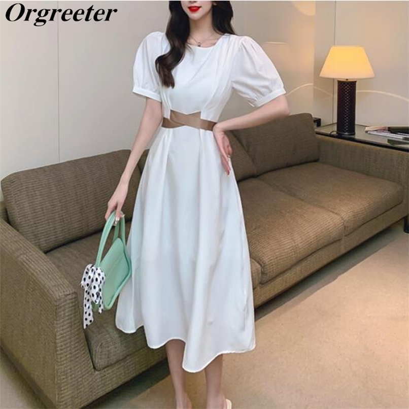 

Chic Simple White Dress for Women Elegant O-neck Puff sleeve Cross strap Borknot Slim A-line Long Vestidos 210602