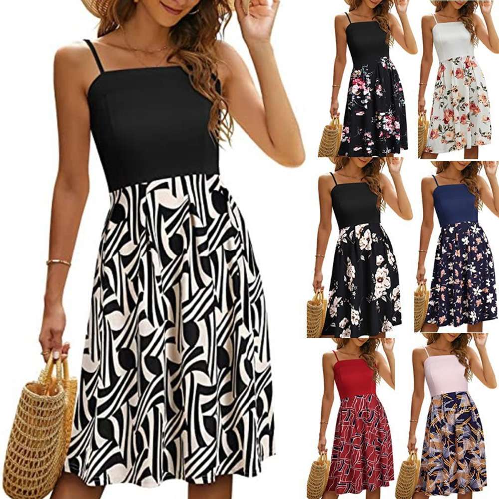 

Wind flower print color matching strap dress short skirt women's wear, Black;gray