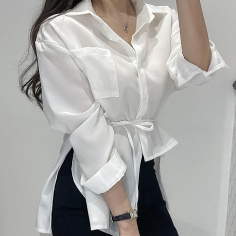 

Women's Blouses & Shirts HziriP Fashion All-Match Design Long-Sleeved Lace Pocket Shirt 2021 Ladies Korean Casual Solid Color, White