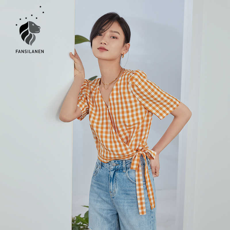 

FANSILANEN Office Lady Orange Plaid Shirt Women V-neck Puff Sleeve French Short Top Female Style Summer Ladies Tops 210607