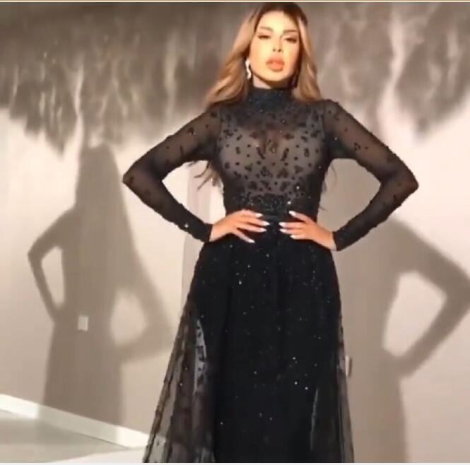 

Evening dress women cloth High neck Long sleeve Ball gown Tulle Black Long dress Kim kardashian Kylie jenner Yousef aljasmi Cannes Film Festival, Same with picture