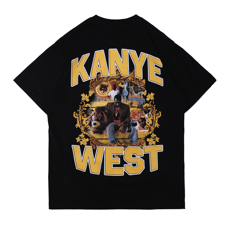 

2021 New Kanye Singer Character Print Men and Women Short-sleeved Tshirt Loose High Street o Neck Oversize Casual Tees Mmzn, Black