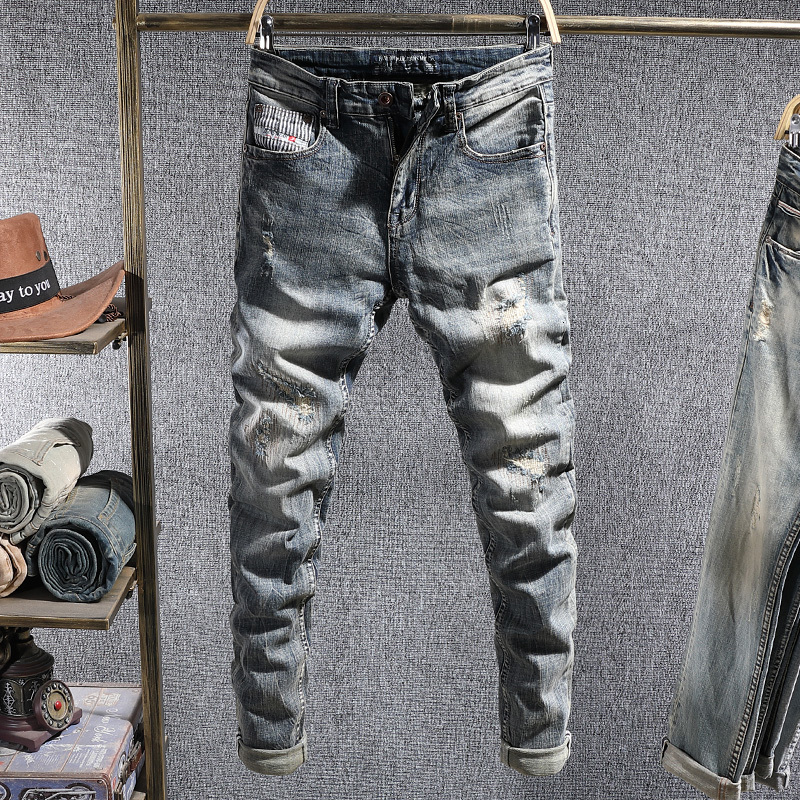 

2021 New Italian Style Fashion Men Jeans Retro Patchwork Slim Fit Ripped Denim Pencil Pants Streetwear Vintage Designer Elastic Trousers 6og, Retro color