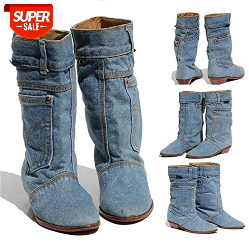 

low heel denim casual denim boot ladies autumn winter cowboy boots #DW38, Sky blue