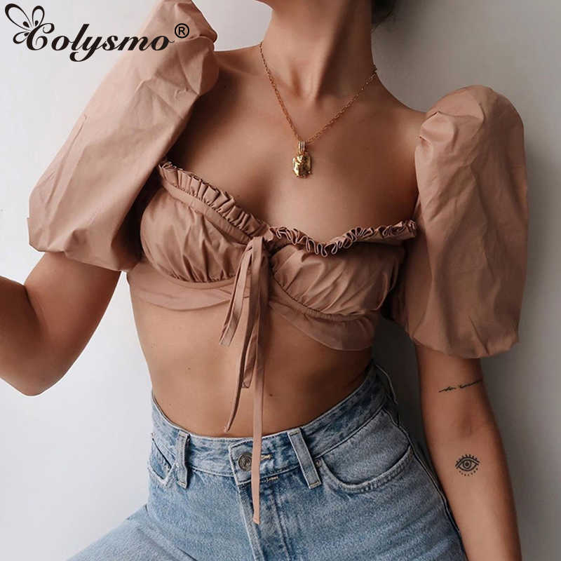 

Colysmo Sexy Underwire Bustier Top Women Puff Sleeve Ruffles Blusas Back Zipped Backless Padded Summer Tops Short Blouse 210527, Khaki