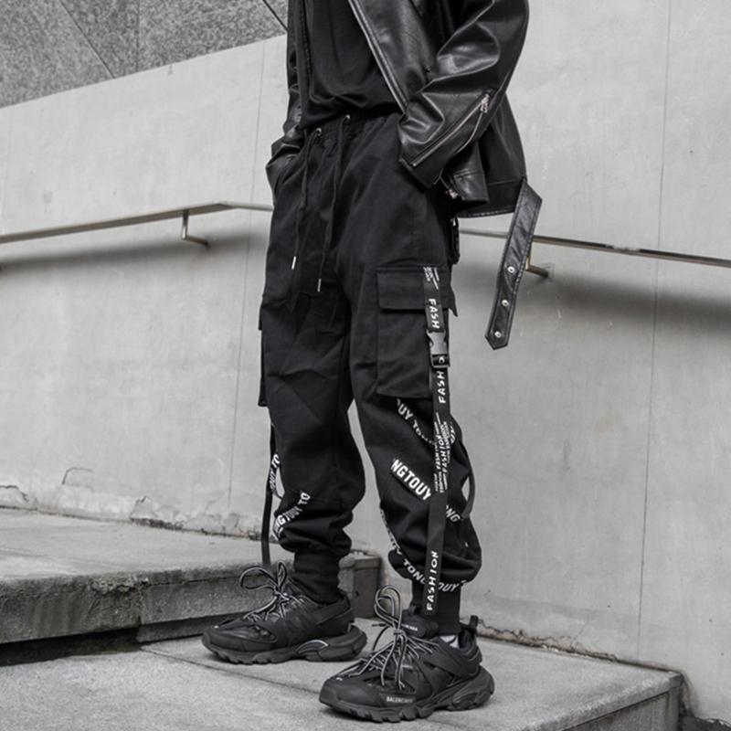 

Men's Pants Ribbons Cargo Trend Brand Oversize Loose Streetwear Korean Hiphop Male Trousers Autumn, Black