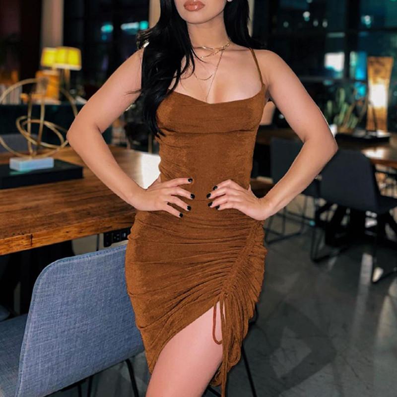 

Casual Dresses Sexy Ladies Spaghetti Straps Backless Bodycon Vestidos Summer Solid Sleeveless Drawstring Ruched Asymmetric Dress Clubwear Wo, Blue