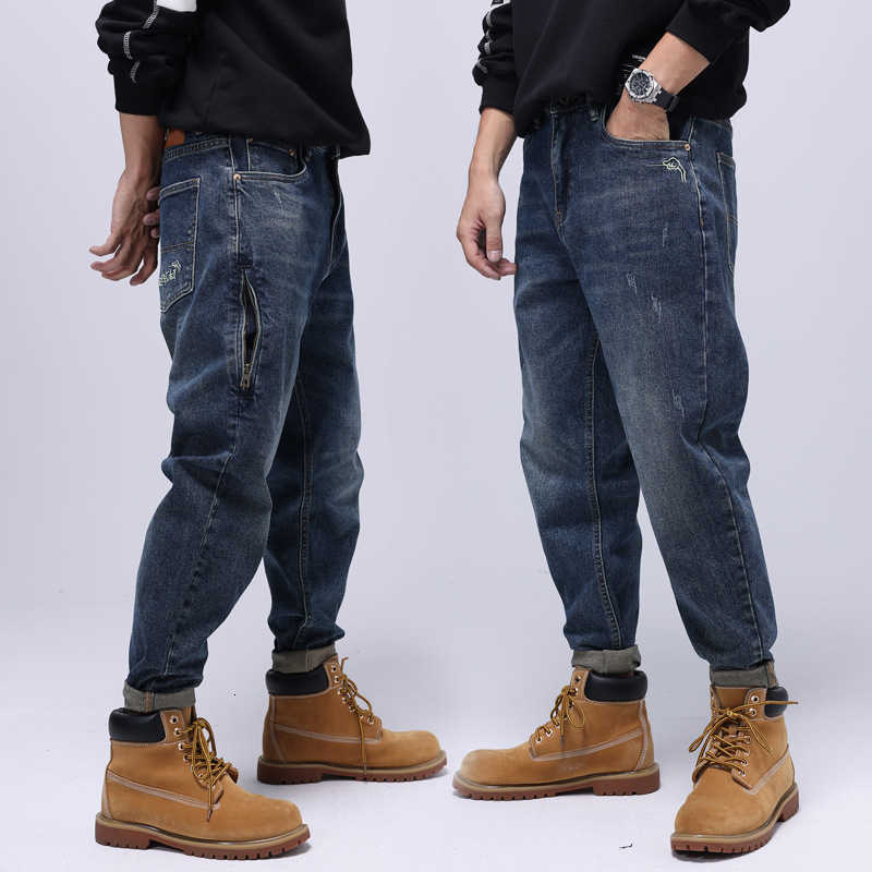 

Street Style Fashion Men Jeans Retro Blue Loose Fit Elastic Wide Leg Denim Zipper Decoration Hip Hop Baggy Punk Pants, Retro dark blue