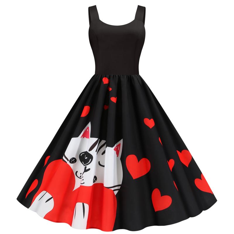 

Dropshipping New Summer Vintage Valentine's Day Hearts Cat Print Round Crew O Neck Sleeveless Women Ladies Casual A-line Mini Vest Skater Dress, Liang9518