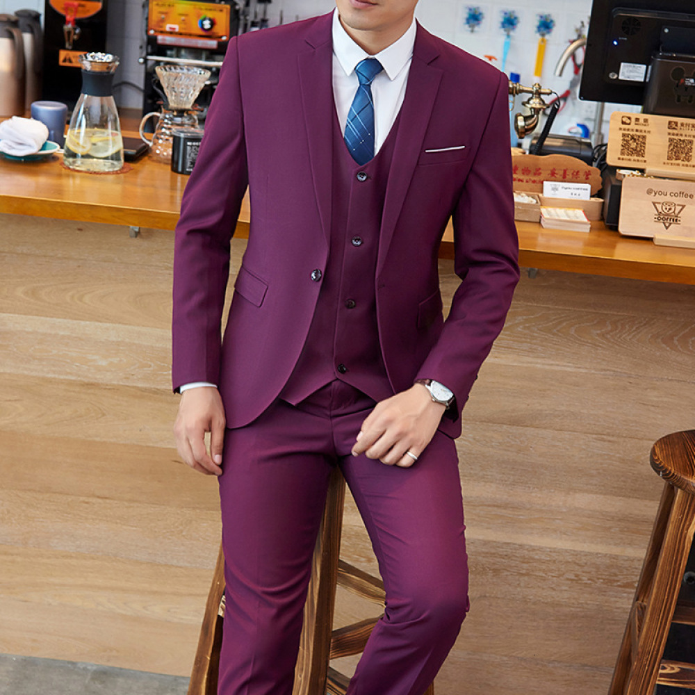 

Male Pieces Set 2021 Autumn Winter Color Business Formal for Men Marriage Slim Fit Traje Suit 5k81, Purple