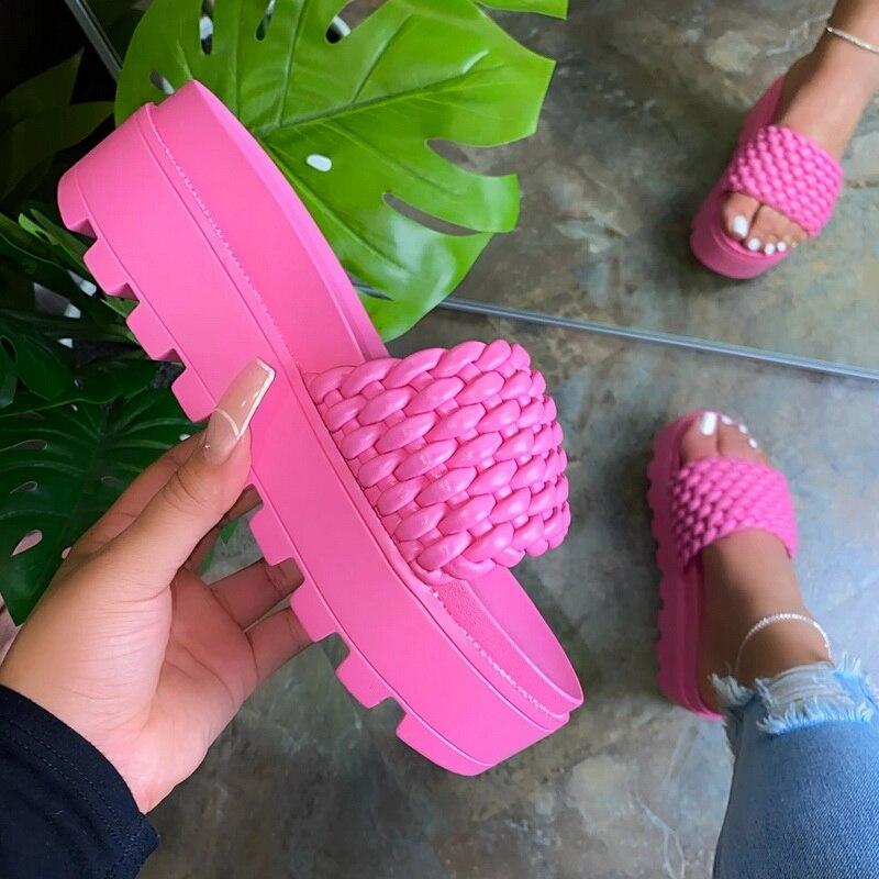 

Women's Sandals Slippers 2021 Summer New Style Fashion Thick-soled Platform Sandal Woven Solid Color Indoor Slippers Black Pink, Beige