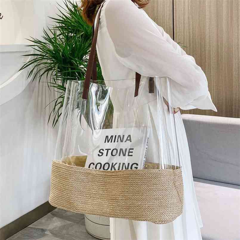 

Fashion Clear Straw Beach Shoulder Bags Designer Pvc Jelly Tote Bags for Women Large Weave Handbags Transparent Shopper Bag 210902