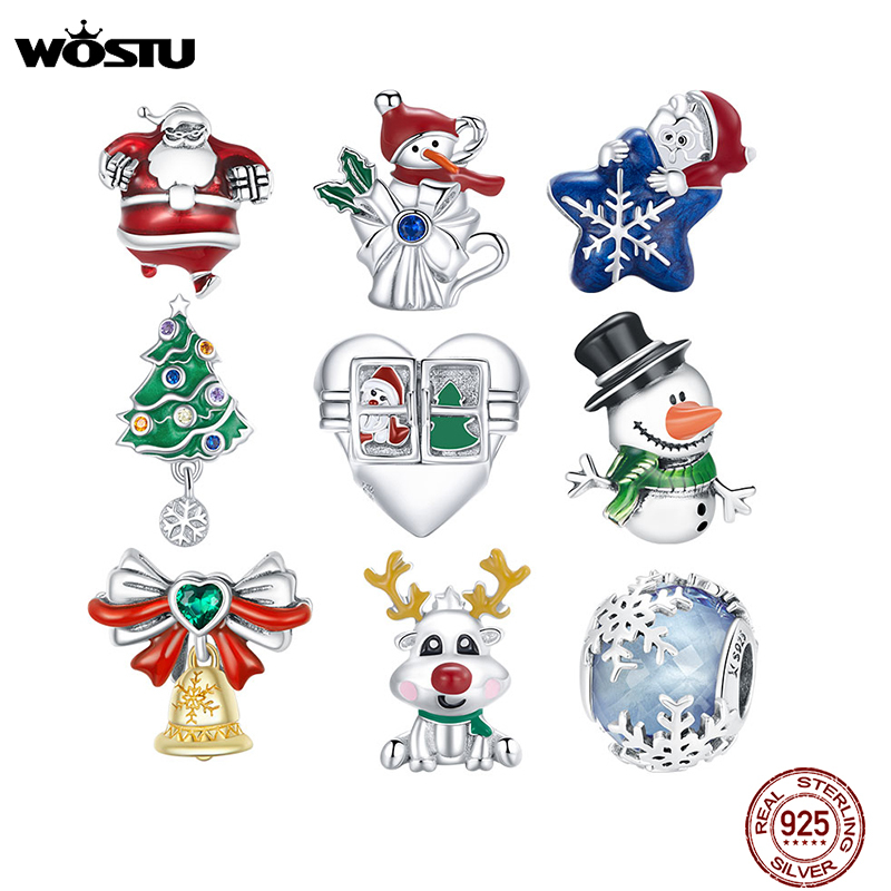 

WOSTU 100% 925 Sterling Silver Christmas Tree Bead CZ Santa Claus Charm Snowman Pendant DIY Bracelet Necklace Original Jewelry Q0531