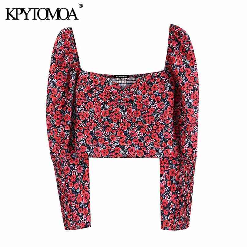 

KPYTOMOA Women Fashion Floral Print Cropped Blouses Vintage V Neck Long Sleeve Back Elastic Female Shirts Chic Tops 210719, As picture
