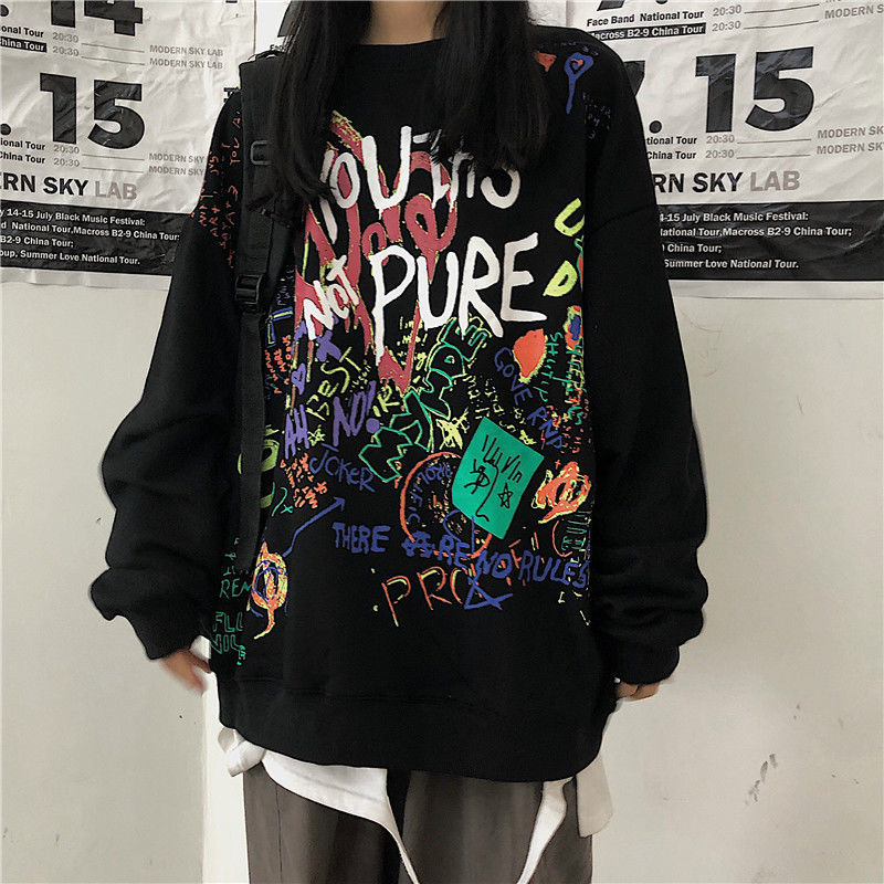 

2021 New Hip Hop Moletom Outono Moda Algodo Graffiti Impresso Hoodies Feminino High Street Topos Harajuku Manga Comprida Solto Pulver Ud3g, Bai