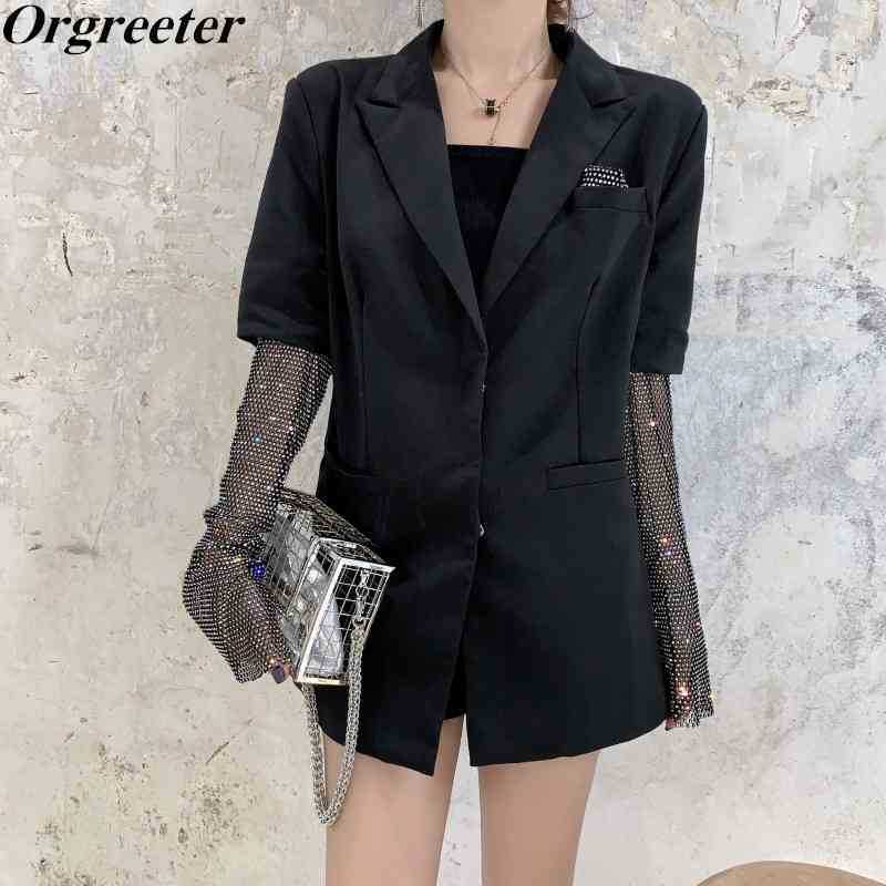 

Streetwear Diamond Embellished Summer Fake two-piece suit Jacket For Women Long Sleeve Female Fashion Outwear 210525, Black