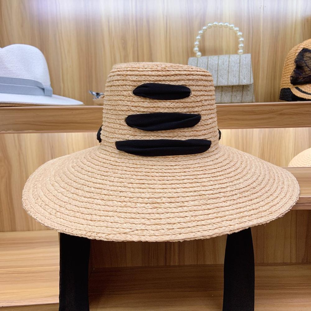 

2021 New Wholesale Women Raffia Straw 4.7" Big Wide Brim Ribbon Lace Up Summer Floppy Beach Sun Hat Cap Packable Travel Derby I14x, Natural