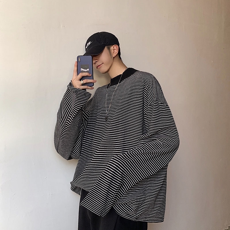 

2021 New Casu Male Hoodies Striped Cotton Long Sleeve Around Neck Streetwear Homme Men's Size -xl Sweaters E9o1, Black