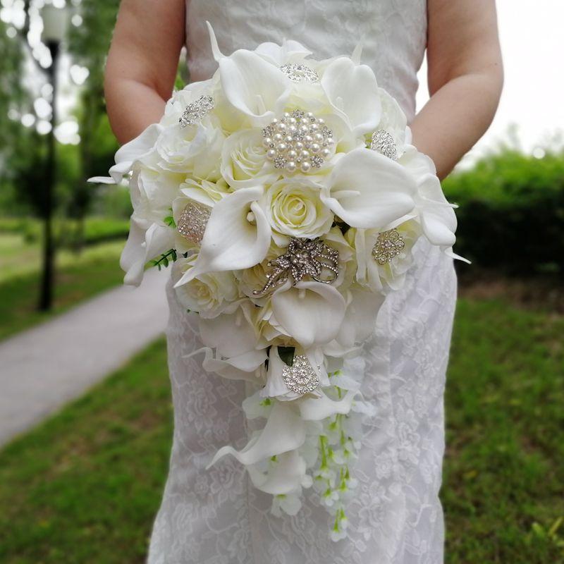 

Wedding Flowers Arrival Cascading Bride Bouquet White Roses Artificial Pearls Calla Lilies Decoration