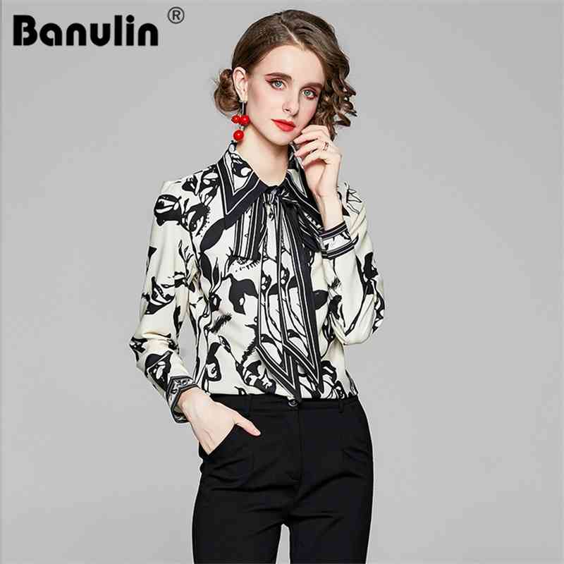 

Banulin Vintage Tops Women Blouse Runway Spring Summer Lace Up Floral Printed Plus Size Chiffon Shirts Korean Clothes 210603, Black