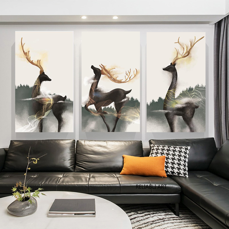 

Nordic Poster Abstarct Gold Lines Animal Forest Pictures Standing Deer Canvas Wall Decorations Art Cuadros Modern Home Decor