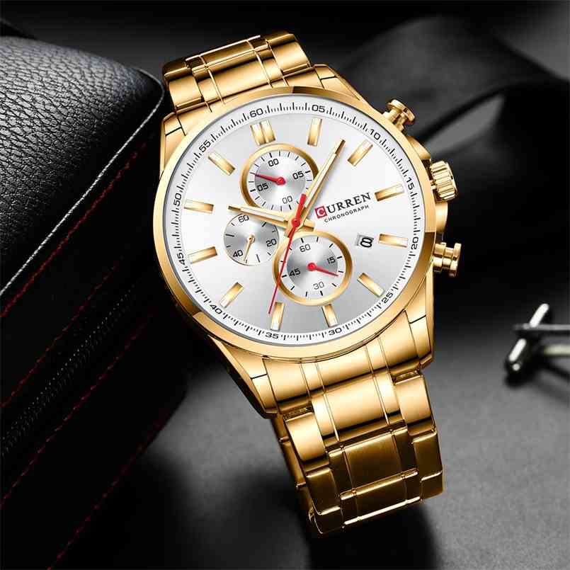 

Relogio Masculino Men Watches Luxury Brand Curren Gold Male Chronograph Stainless Steel Wristwatch s 210707, Silver-blue