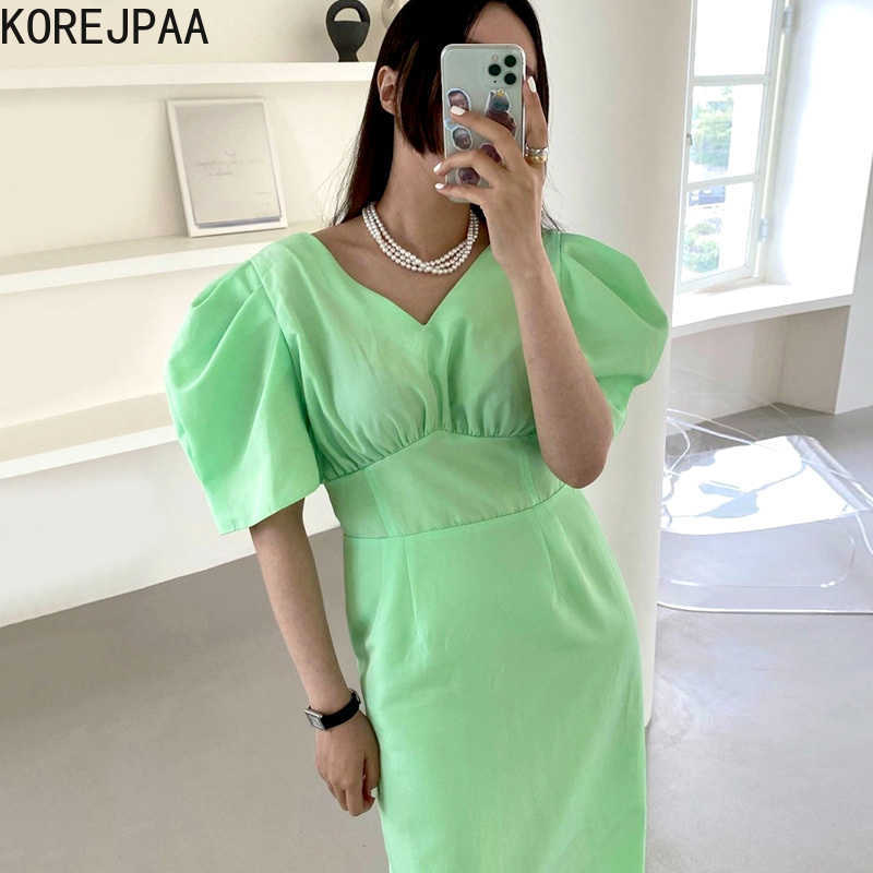 

Korejpaa Women Dress Summer Korean Chic French Elegant Temperament V-Neck Waist Thin Hip Design Slit Puff Sleeve Vestidos 210526, Green