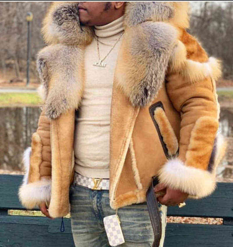 

Men's Wear Imitation Leather Plush Fur Coat Big Fur Collar Winter Collar And Long Sleeves Wool Liner Jackets Coats Y211221, Gray