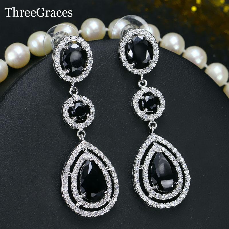 

Dangle & Chandelier ThreeGraces Top Quality American Women CZ Jewelry Cubic Zirconia Long Black Crystal Earrings For Wedding Bouquets ER019, Silver