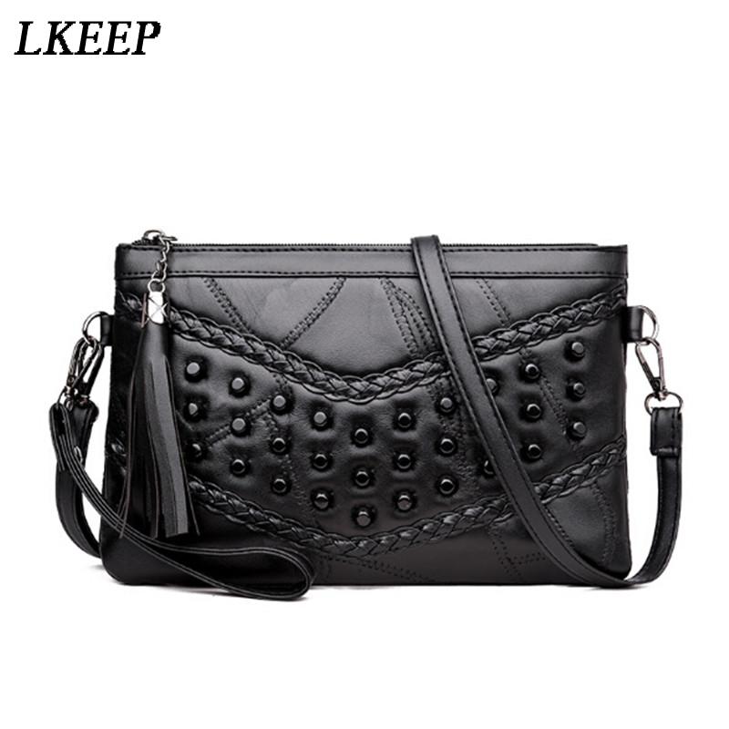 

Brand Leather Handbag Women Shoulder Bags Rivet Tassel Punk Woman Soft Bag Handbags Womens, Black