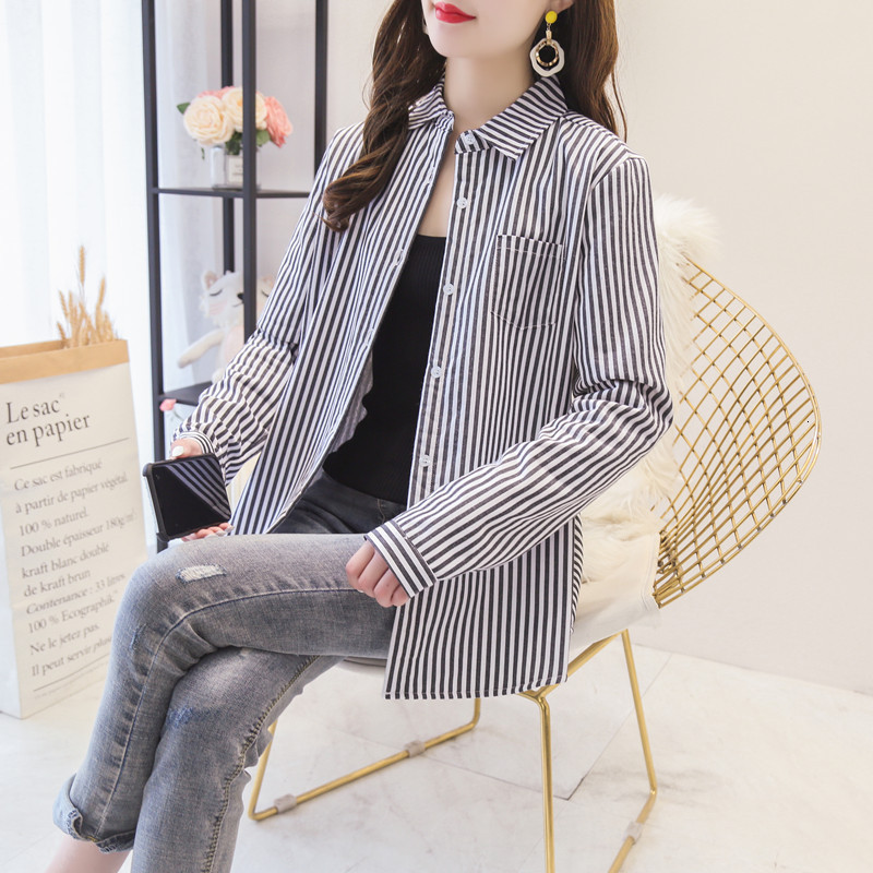 

2021 New Winter Warm Veet Shirts Womens Striped Blouse and Tops Long Sleeve Blue Female Clothes Outwear One Pocket Zdzu, Black