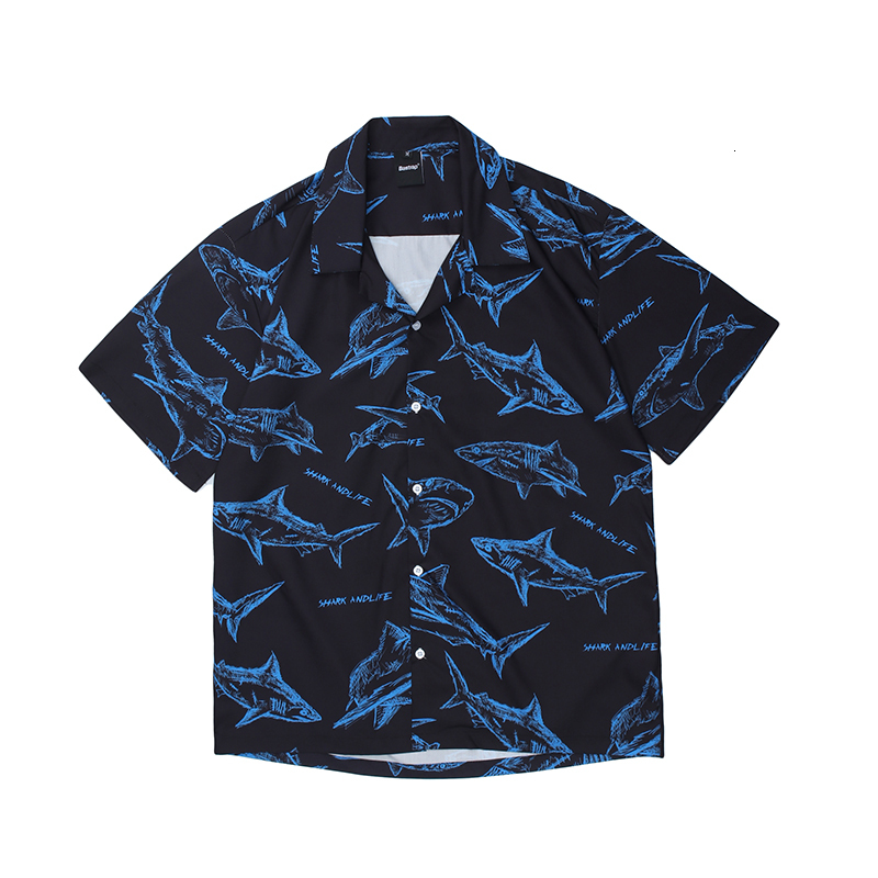

2021 New Summer Shark Print Short Sleeve Couple Shirt High Street Oversize Loose Casual Hawaiian Shirts Lapel Hip Hop Tops 0y4h, Black