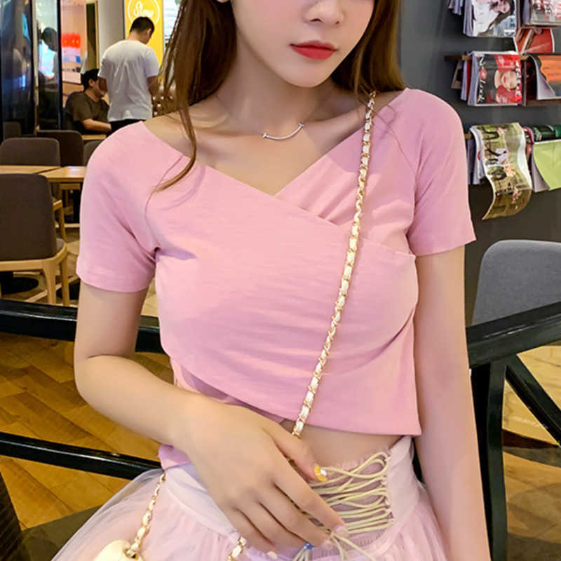 

WOMENGAGA Spring Sexy Cotton Short Sleeve Pink Cross Top V-neck Korean Tees Summer Tops 9N1M 210603, Pink short sleeve