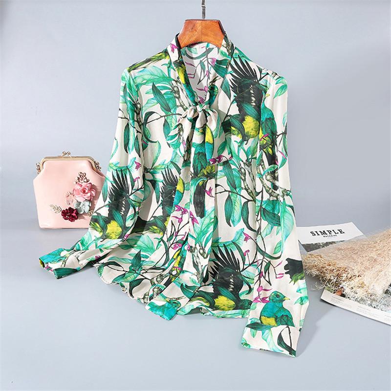 

Women's Blouses & Shirts Runway Designer Luxury 100% Real Silk Blouse Women Elegant Bow Collar Floral Print Shirt Office Lady Party Casual B, White