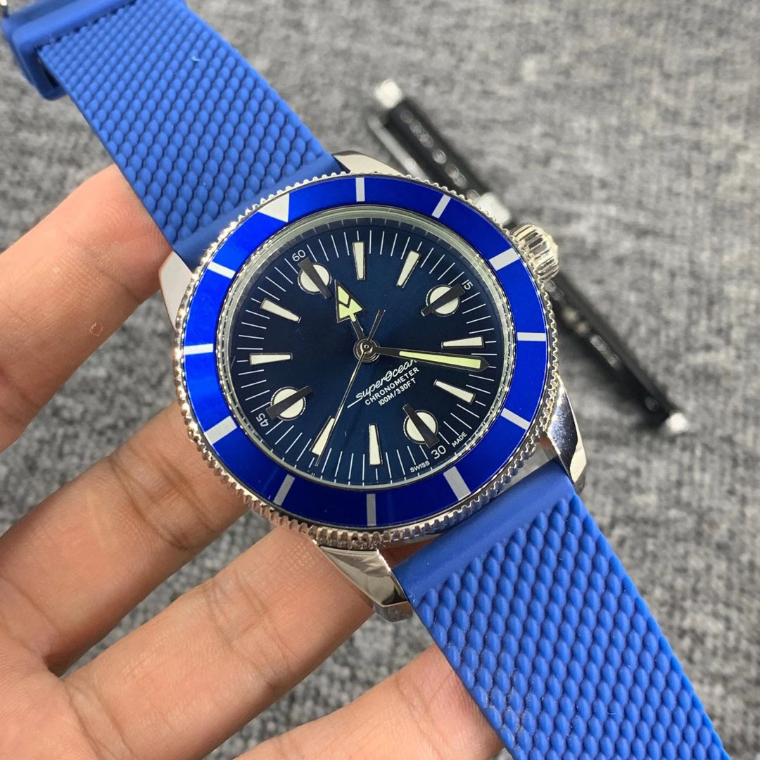 

N Quality Right Hand Blue Watches SUPEROCEAN HERITAGE Automatic Mechanical Movement Watch Rubber Strap Floding Clasp Mens Dress Wrist, No send watch for shipping