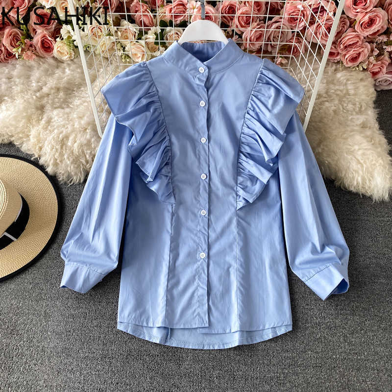 

Spring Women Shirt Korean Ruffle Patchwork Causal Blouse Single Breasted Stand Neck Blusas Camisas Mujer 6F772 210603, Blue