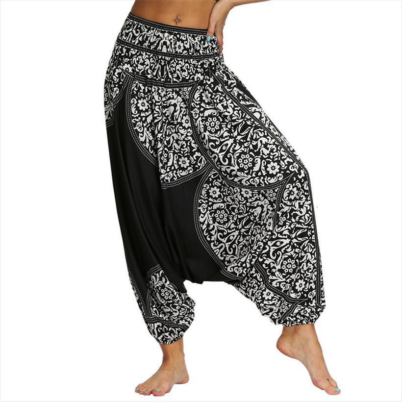 

sarouel pantalons boho harem women capris ethnic print summer hippie trousers elastic high waist pleated lantern sport, Black;white