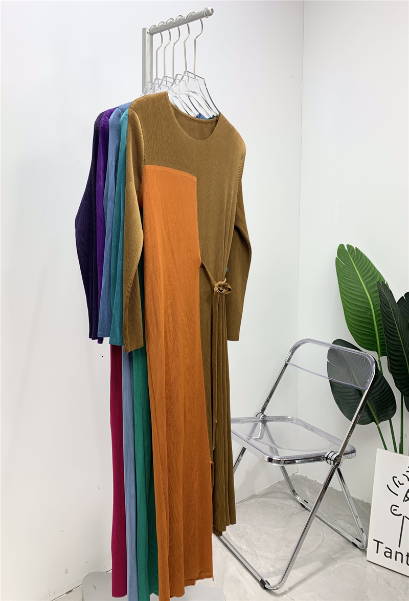 

New 2021 Spring Pleated Stitching Color Asymmetrical Sashes Korean Style Long Sleeve Designer Clothes Czmh, Sky blue