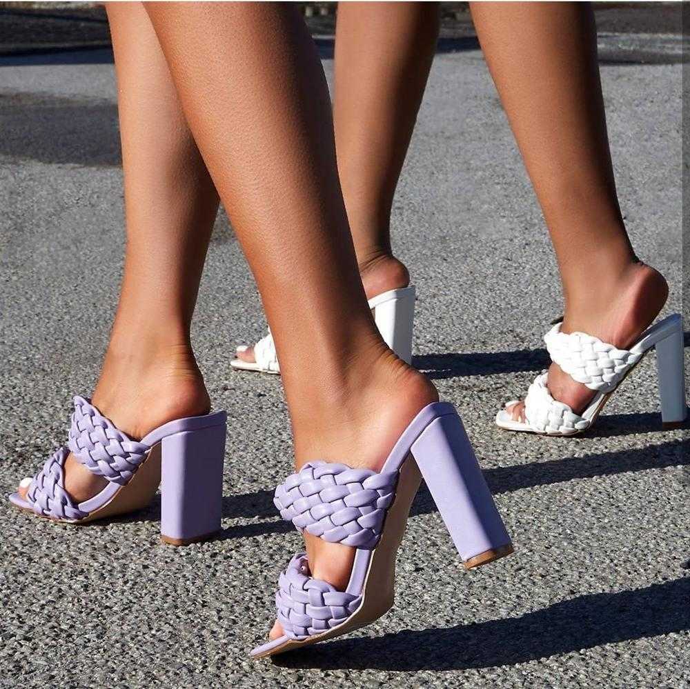 

Braided High Leather Heel Sandals Women Runway Party Shoes Woman Cross Wove Folds Mules Shoes Sexy Thin Heel Slippers Woman X0526, Brown