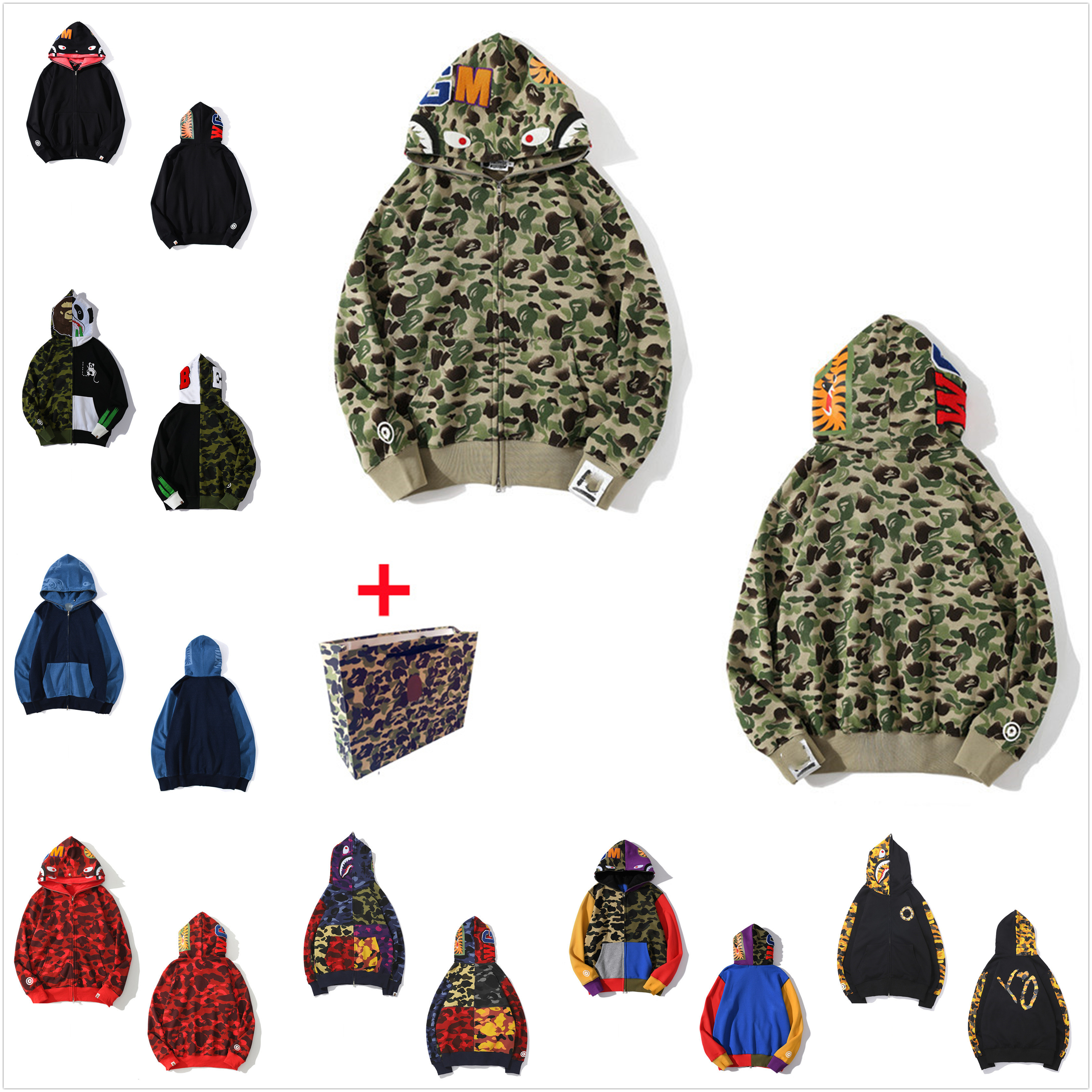 

Men's Hoodies Shark Luminous camouflage high quality Sweatshirts men and women's cardigan hooded sweater zipper jacket Bring tote bag 0202, 1pcs button