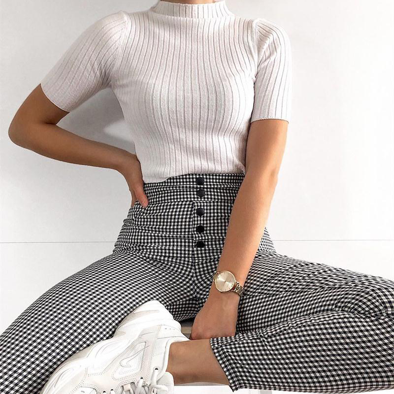 

High Waist Pants Autumn Elegant Trousers Women Grey Plaid Button Front Ladies Pencil Skinny Pants Casual Streetwear, Black;white
