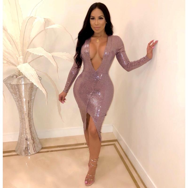 

Casual Dresses AHVIT Shiny Rhinestones Puls Size Sheath Sexy Dress Women Deep V Neck Long Asymmetrical Package Hip Party YM-8315, Black