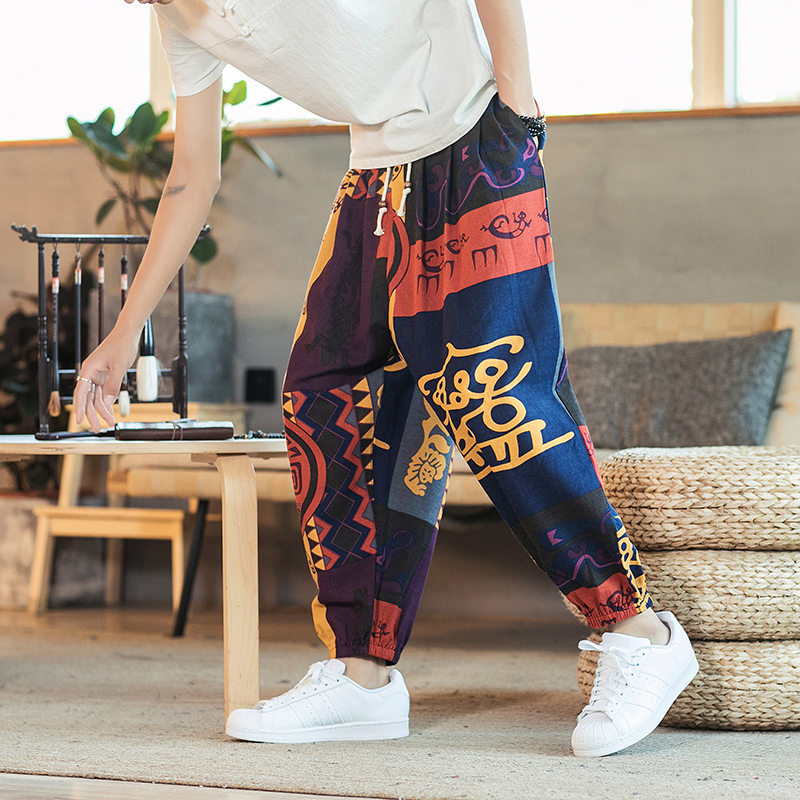 

New Flax Wool Hare Male Printed Elastic Waistband Streetwear Corridors 2021 Baggy Drop-crotch Pants Korean Casual 4r9j, Red and white