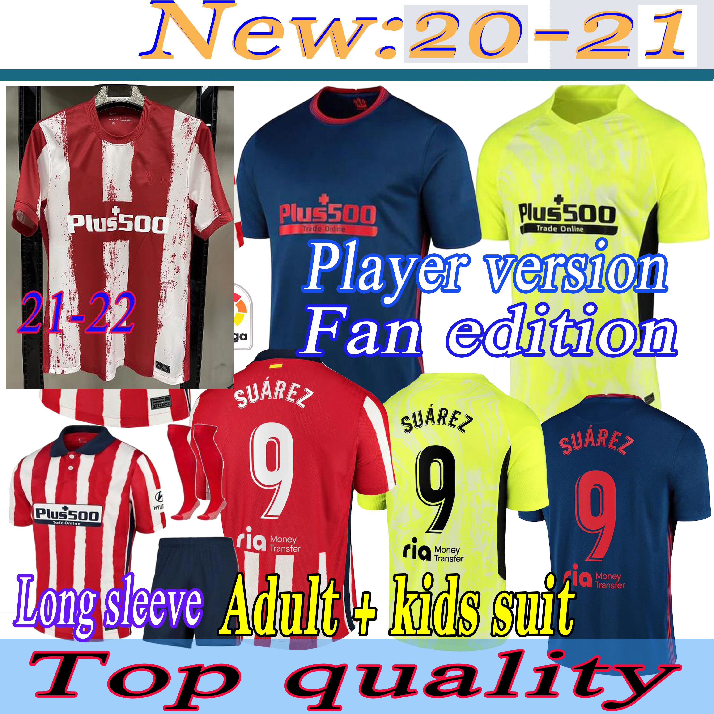 

JOAO FELIX Atletico Madrid Soccer Jerseys 2122 2021 SAUL Camisetas SUAREZ LLORENTE CORREA Football Shirt Mens Short Long Jersey Kids Kit, Player version