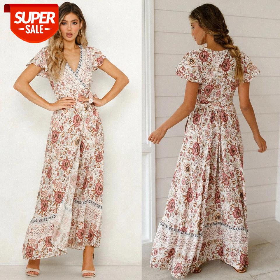 

Women High Waist Summer Boho Floral Print Short Sleeve Beach Dress New Fashion Ladies V-Neck Long Dress Sundress #eK0R, Black;gray