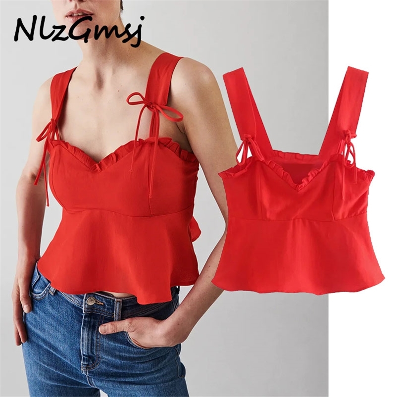 

Blouse Women Sexy Summer Crop Top Slip V-Neck Sleeveless Shirt Elegant Tie Short 05 210628, As picture