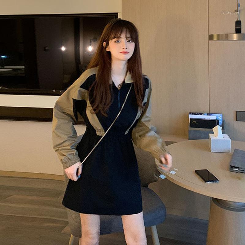 

Casual Dresses Autumn Korean 2021 Tooling Wind Closing Waist Thin Contrast Color Stitching Small Sen Long Sleeve Dress Women, Picture color