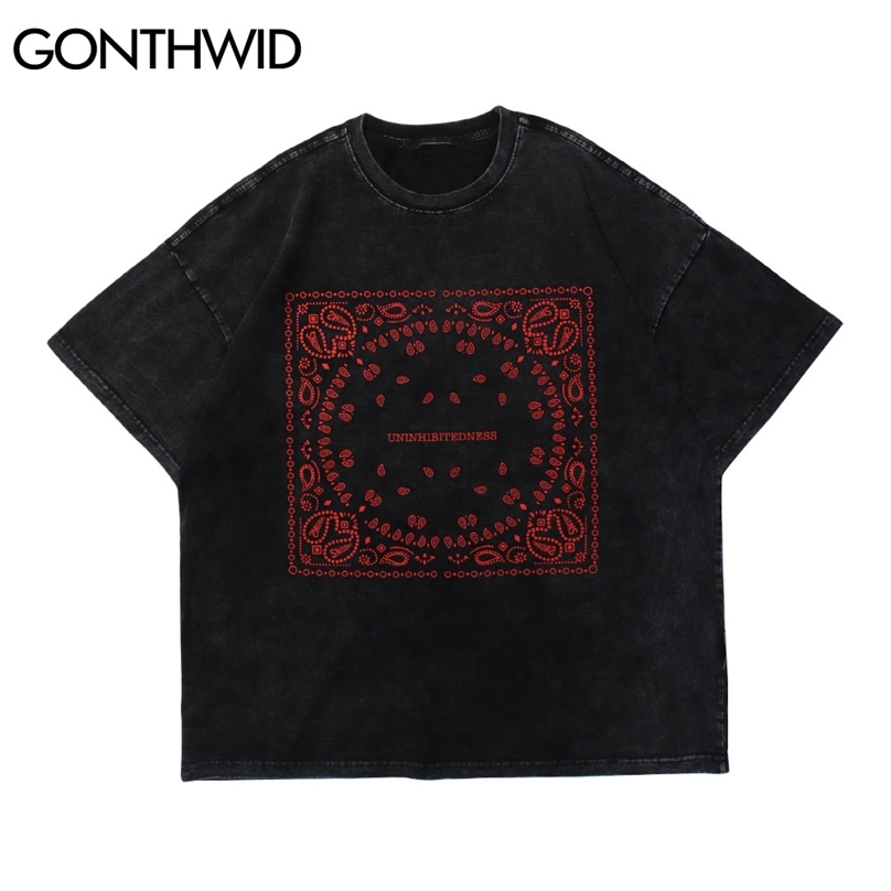 

T-Shirt Hip Hop Casual Streetwear Men Gothic Bandana Paisley Pattern Short Sleeve Tees Cotton Harajuku Distressed Tops 210602, Gray