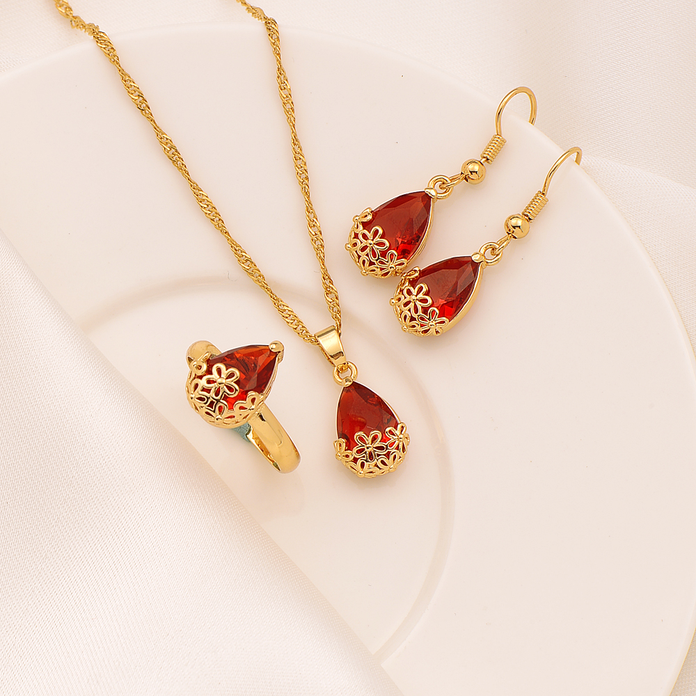 Pendentif collier boucles d'oreilles bague cz grand rectangle gemme avec canal 9k fin solide GF or goutte d'eau cristal rouge ensemble de bijoux